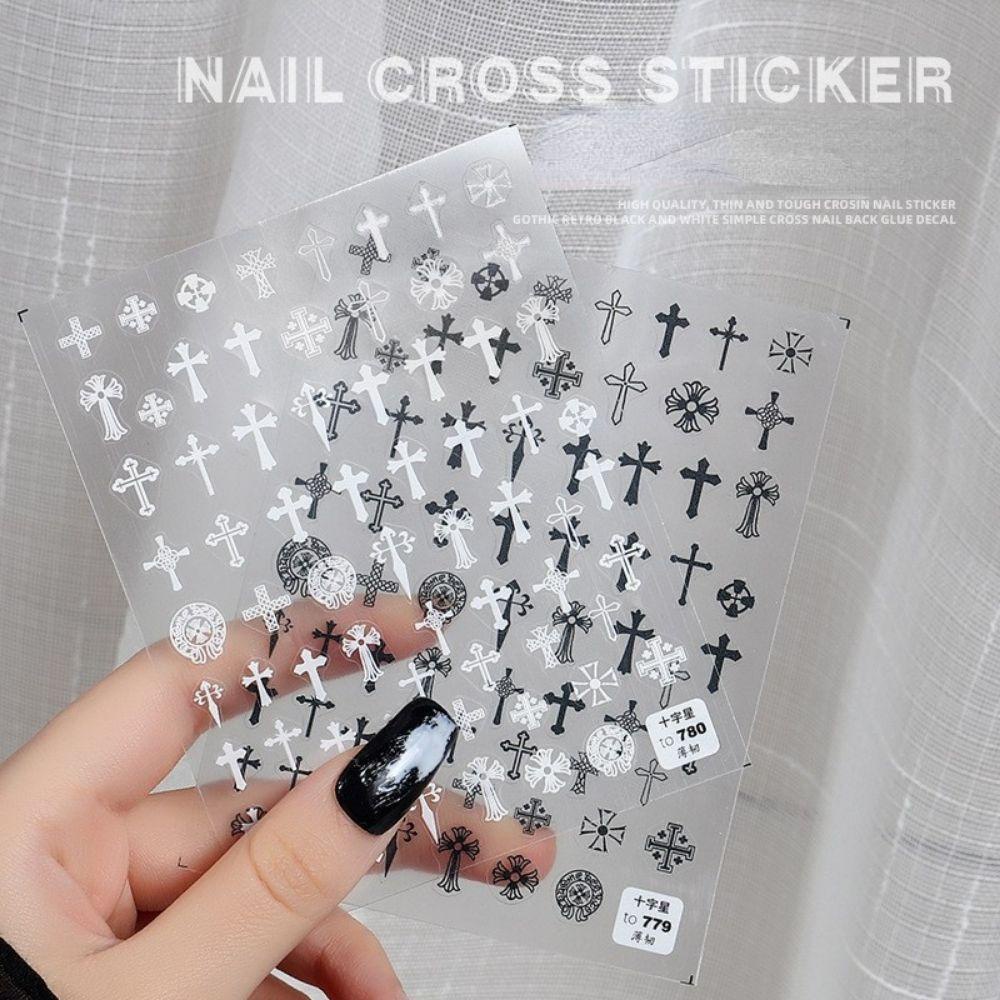 AUGUSTINA Agustina Perekat Stiker Kuku UltraThin Hitam Putih Cross Bintang Kuku Kecantikan Bunga DIY Kuku Decals Nail Art Watermarks