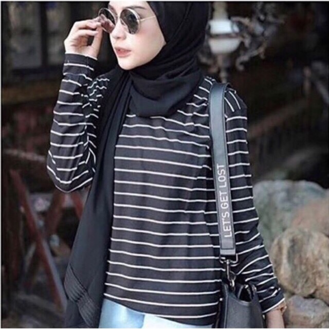 Kaos Salur Stripe Lengan Panjang Muslim Baju Atasan Putih Hitam Garis Stevy Stevia Stevi