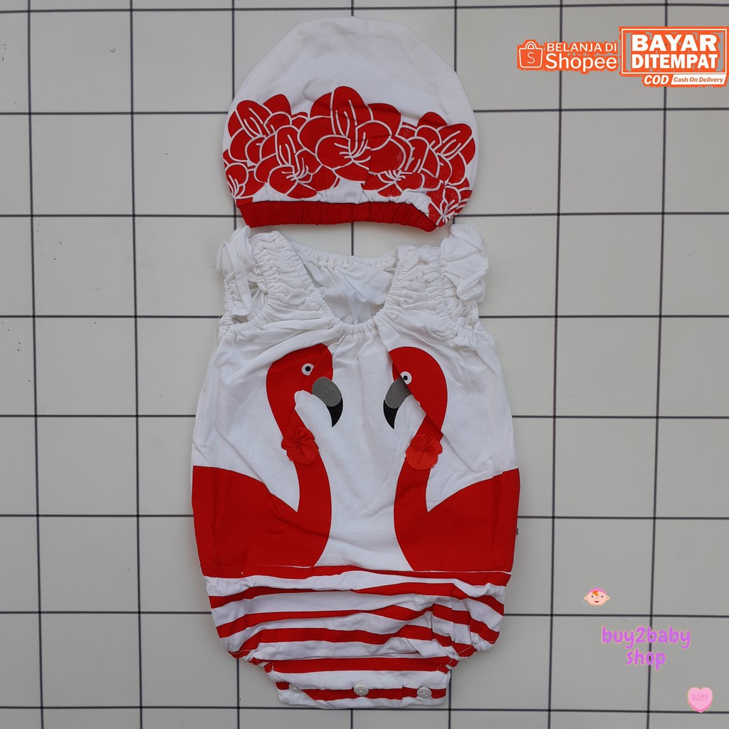 Romper pendek couple Swan series plus topi bayi cewek 0-3 Bulan 1 PCS