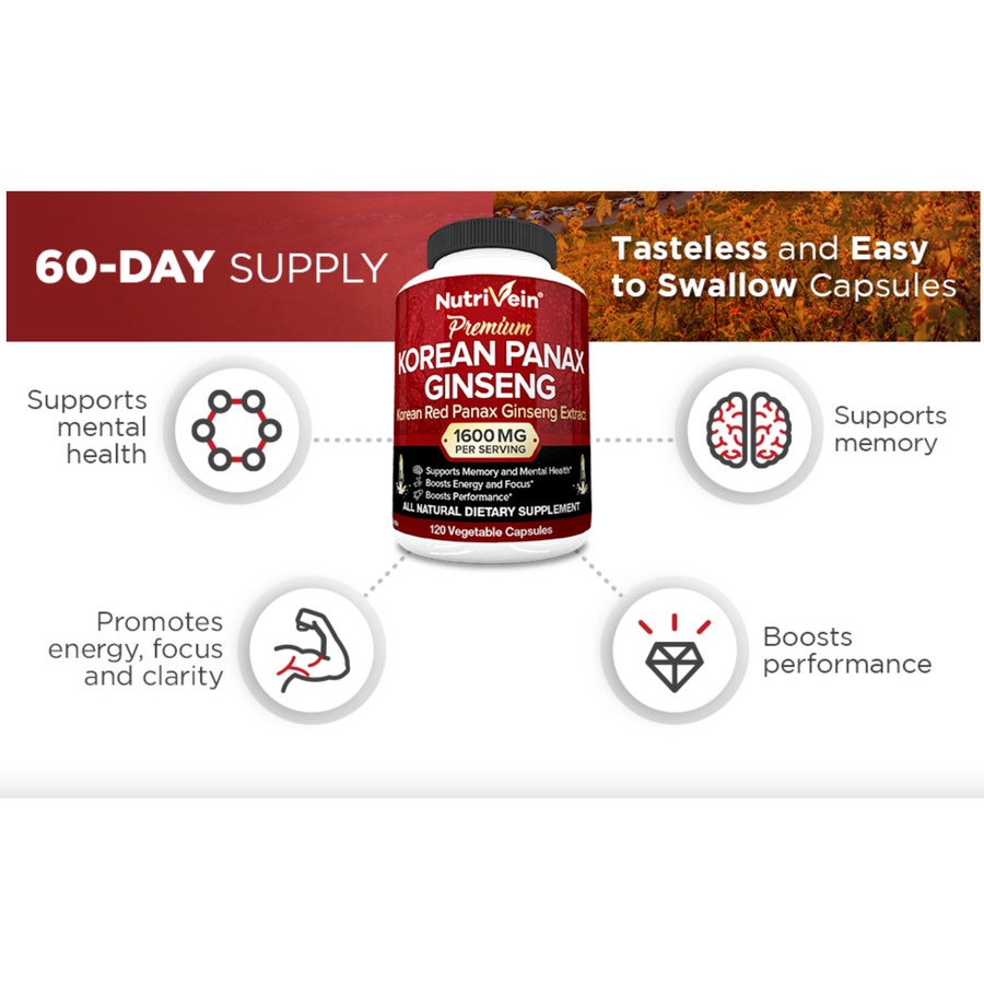 Nutrivein Korean Red Panax Ginseng 1600 MG for Energy Vitality Libido - 120 Veggie Caps