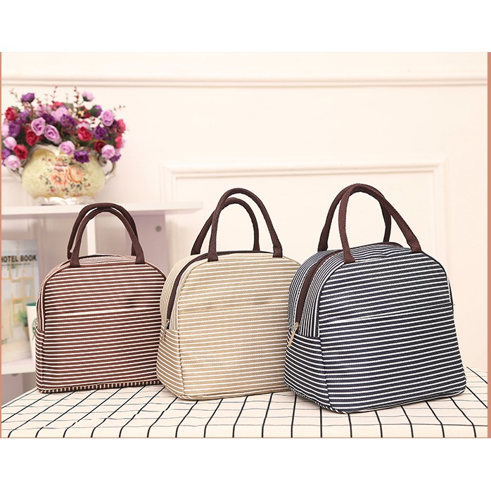 

Lunch bag cooler bag Tas bekal Garis Garis Bonus jelly ice Ungu Murah