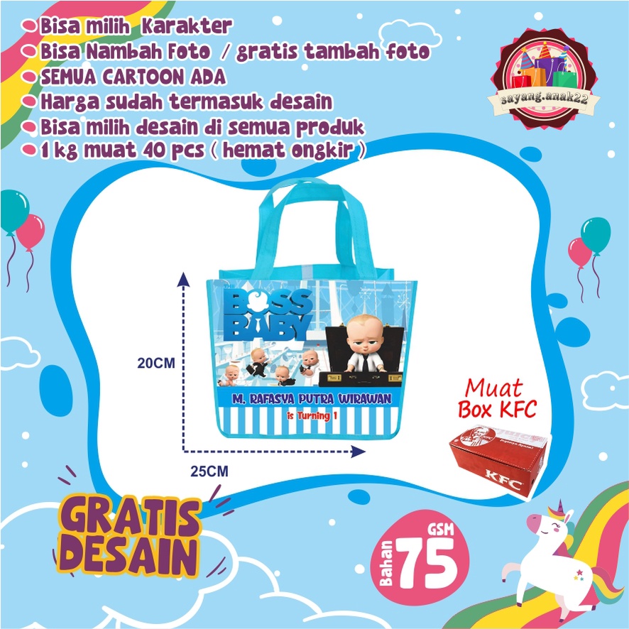 

Tas Ultah / Souvenir Ulang Tahun Anak Gambar Boss Baby / Goodie Bag Ulang Tahun / Ukuran 25 x 20 x 13/ Muat Box KFC