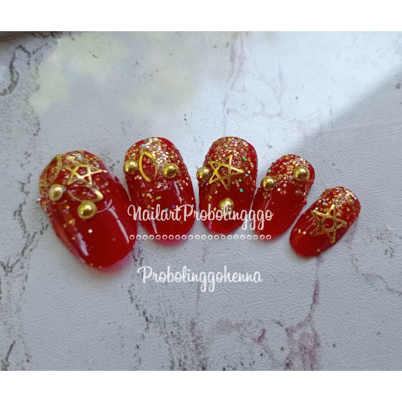 nail art merah mewah kuku palsu wedding