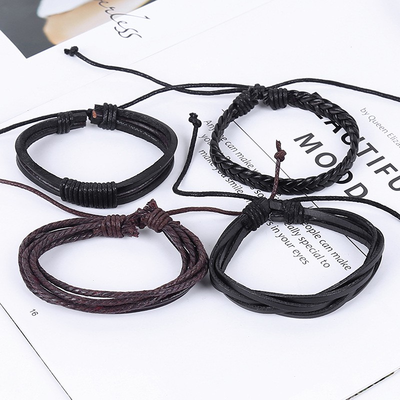 Set Gelang Tangan ISI 4PCS Strap Kulit Kepang Gaya Retro Untuk Pria ALIBABA