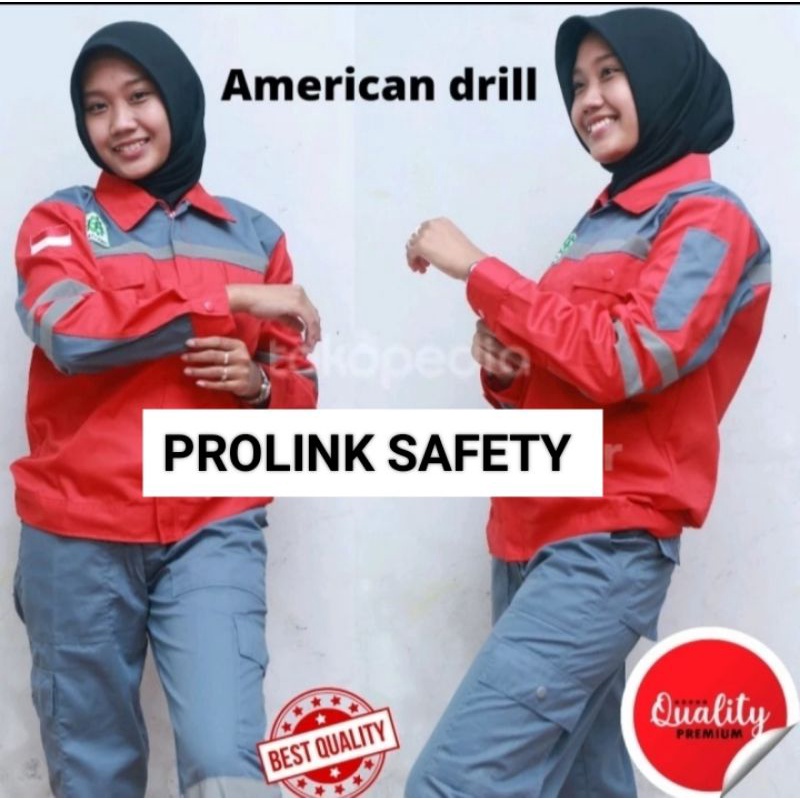 SETELAN SERAGAM SAFETY MERAH ABU ABU