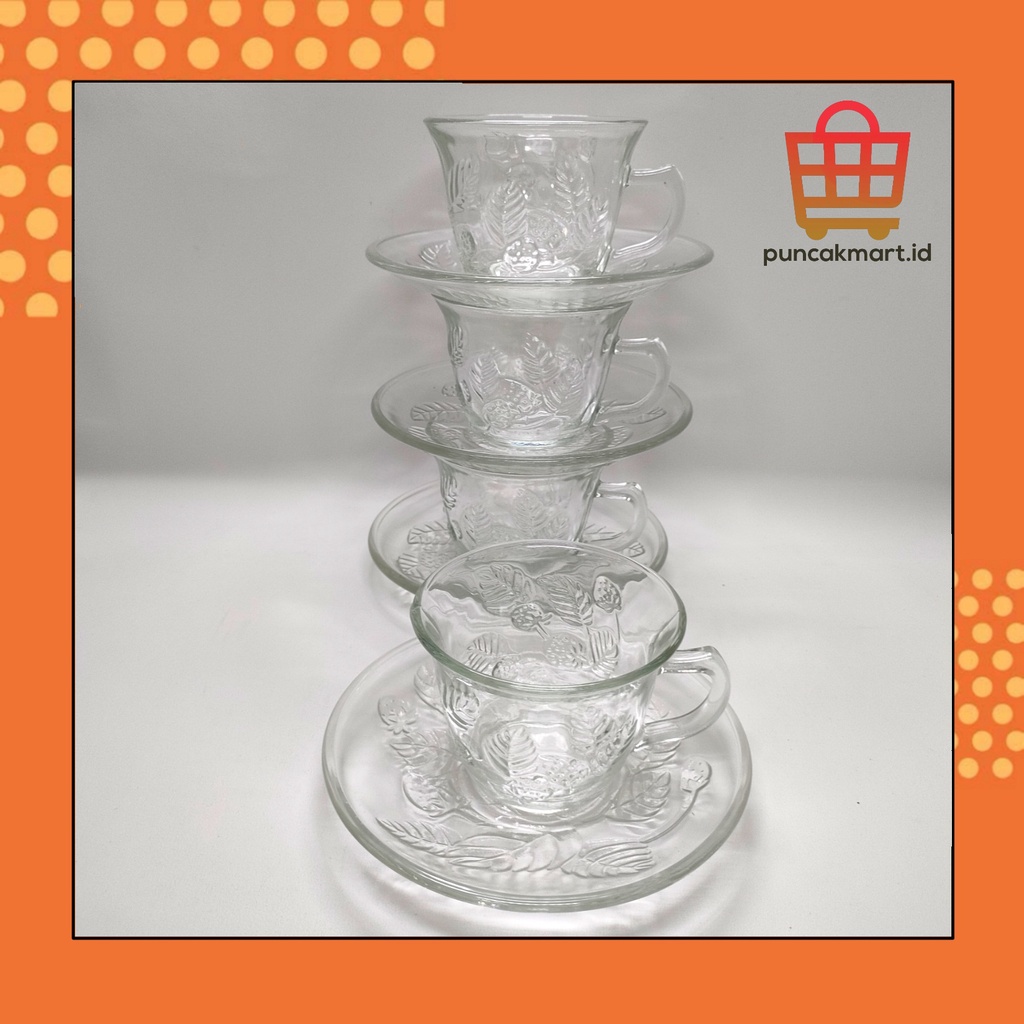 Cangkir Kaca Set 8 Pcs / Gelas Cangkir Teh Kopi Set 8 Pcs (4pcs Cangkir + 4pcs Piring Tatakan) Motif