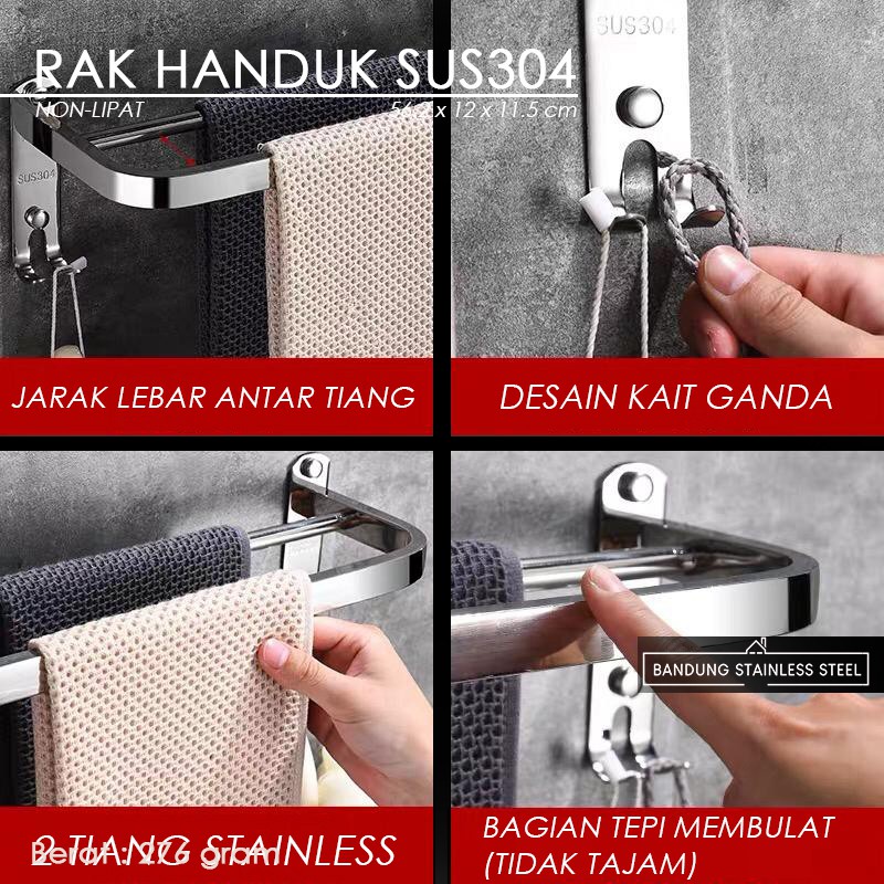 Rak tempat handuk stainless steel 304 60cm 2 Baris kamar mandi Lipat Non-lipat Kait