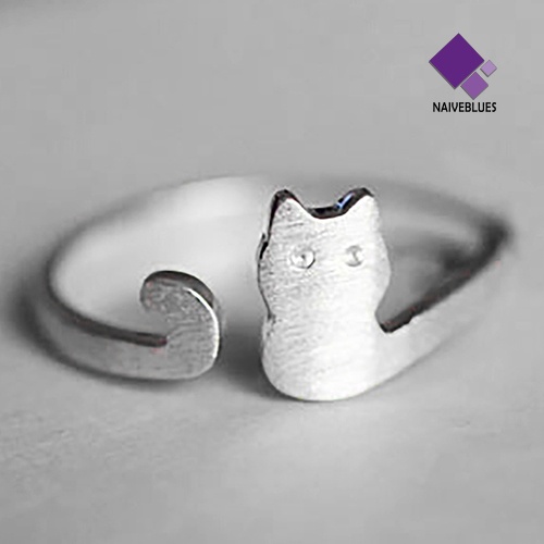 Cincin Model Terbuka Adjustable Desain Kucing Lapis Silver Untuk Wanita