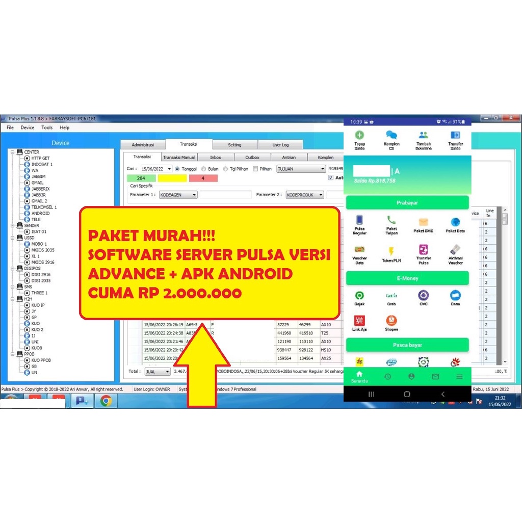 PAKET MURAH SOFTWARE SERVER PULSA VERSI ADVANCE + APK ANDROID