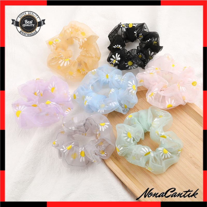 Scrunchie Bahan Sifon Motif Bunga Daisy Premium / Ikat Rambut Sifon Korea / Mesh Scrunchie / Tiki