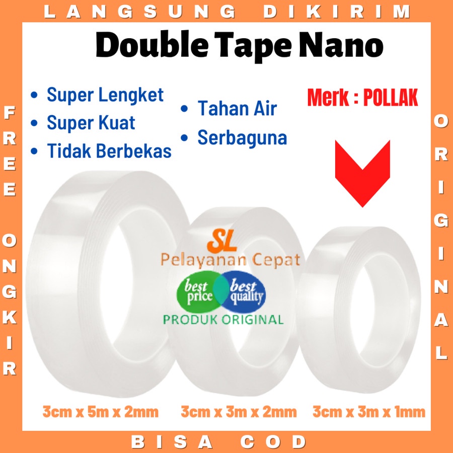 Double Tip Bening Clear Nano Pollak 3Mtr x 1mm Super Lengket Tahan Air