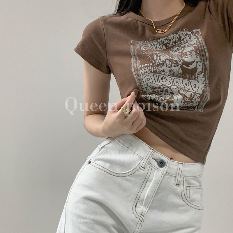 Suhao Kaos Wanita Lengan Pendek Musim Panas Baru Eropa dan Amerika Street Vintage High Street Bm Style Slim Fit Short Top