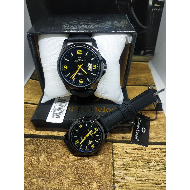 JAM TANGAN COUPLE ORIGINAL CHARLES DELON TANGGAL AKTIF BAHAN RUBBER