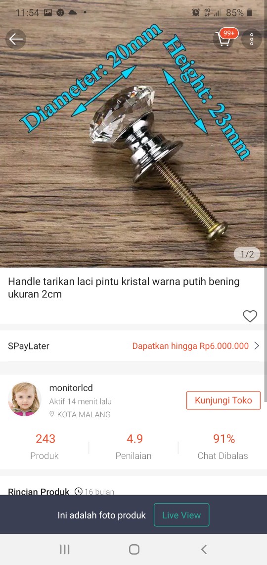 Handle Tarikan Laci Pintu Kristal Warna Putih Bening Ukuran 2cm