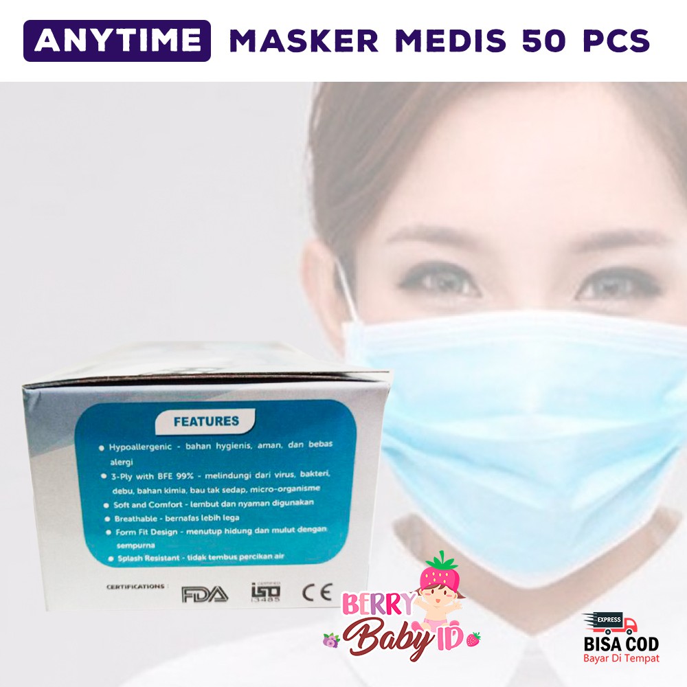 Anytime Masker Medis Isi 50 Face Mask Earloop Multifungsi 3 Ply Berry Mart