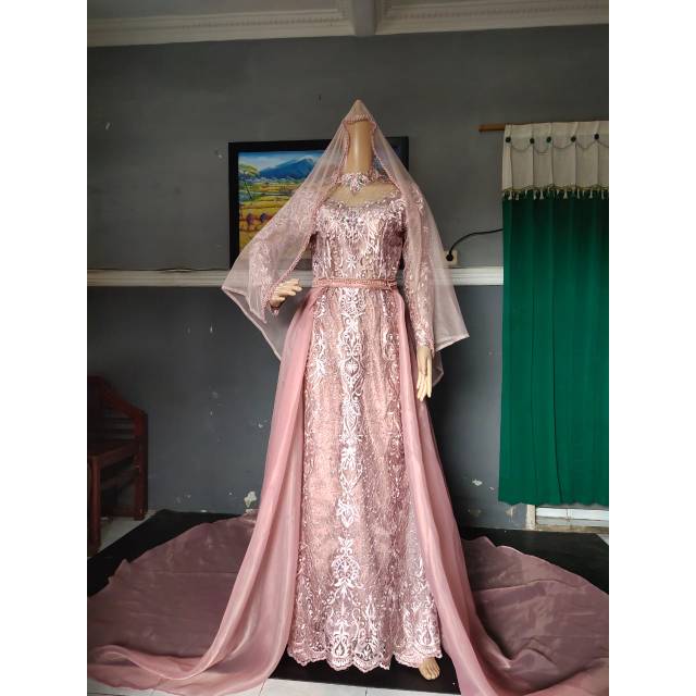 dress pengantin ekor panjang organza