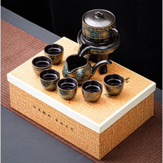 9in1 Chinese Tea Set Teko Ceramic Black Peach Blossom + Gift Box