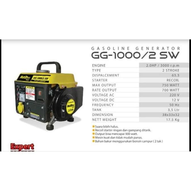 Multipro Genset Listrik Bensin 2Tak Generator Listrik Gg 1000 750Watt