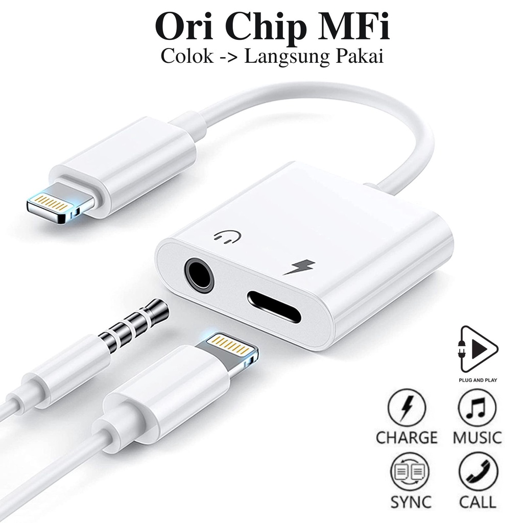 Kabel Adapter Splitter Lightning 2in1 Jack 3.5mm for iP X XS XR 11 12 13 14 Pro Max - Tanpa Bluetooth Bisa Open Mic