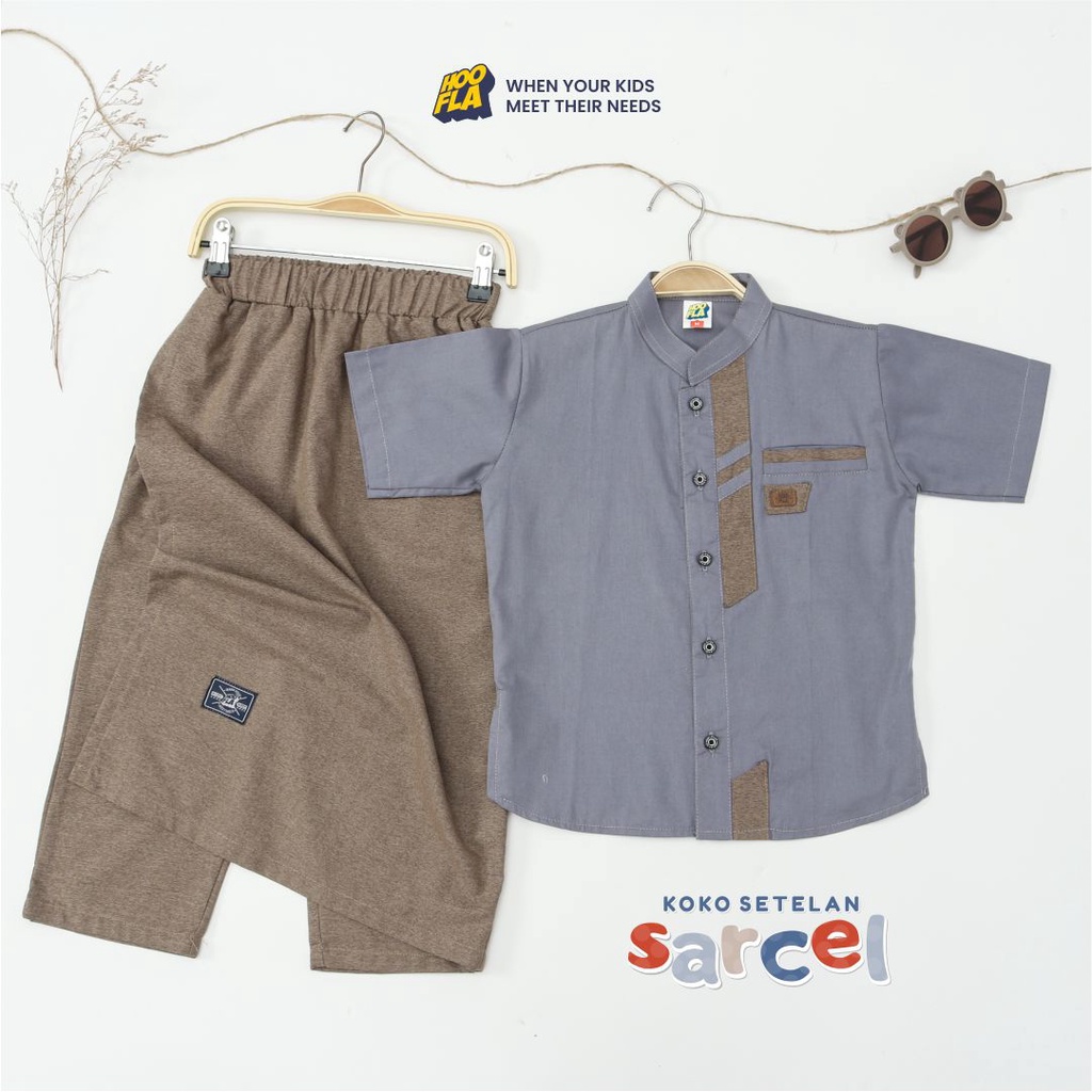 Hooflakids Set Setelan Baju Koko Anak Laki Laki Usia 1-10 Tahun Warna Grey (NKH07) Bawahan Celana Sarung Sarcel