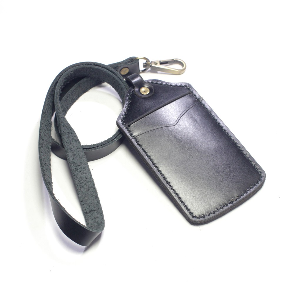 gantungan dompet ID card kulit hitam - tali id card holder - PHID894