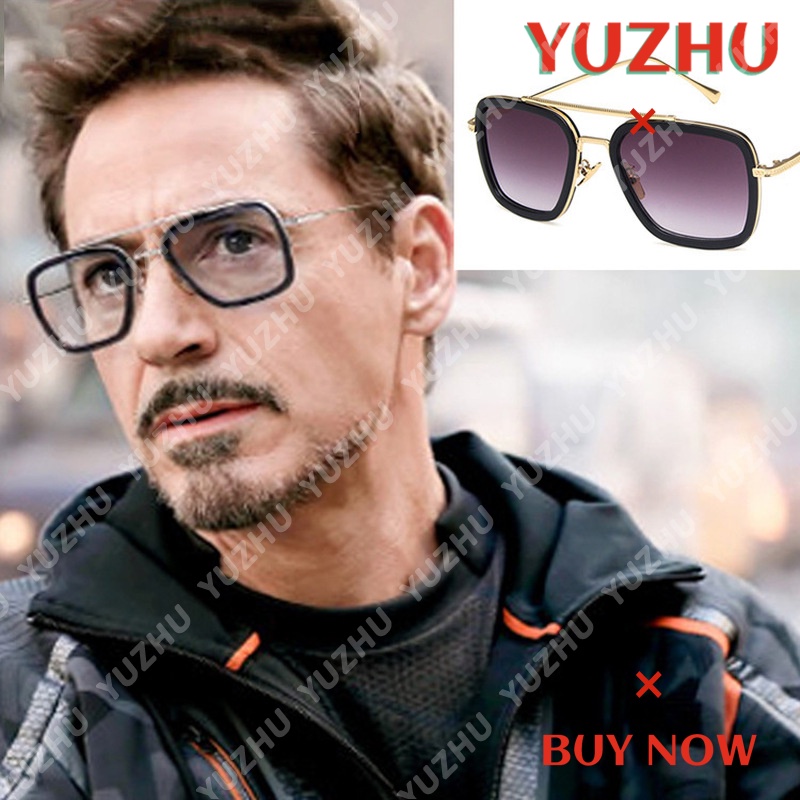 (YUZHU) Bayar di Tempat Iron Man Tony Square Kacamata Hitam Wanita/Pria Metal Sunglasses