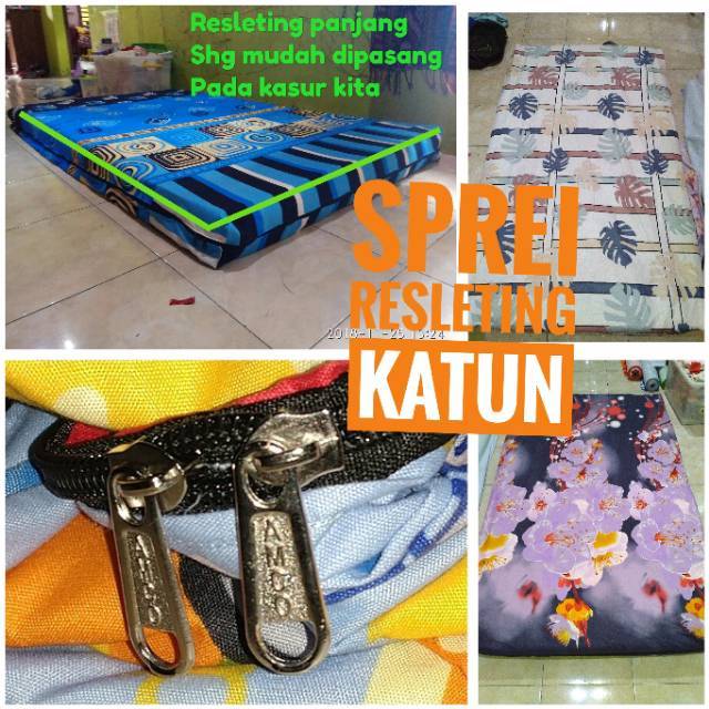 Sprei resleting single katun disperse sarung kasur hemat