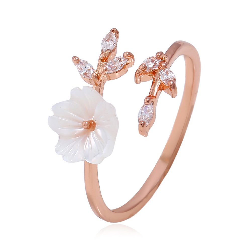 WONDERFUL Elegant Opening Ring Delicate Rose Gold Shell Flower  Fashion Women Girls Jewelry Adjustable Size Zircon Crystal Leaf