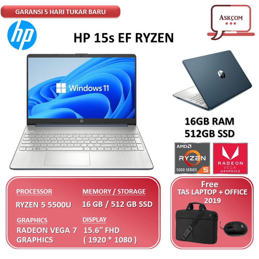 Jual Laptop Hp 15 Ryzen 5 5500u 16gb 512ssd Vega7 Windows11 156fhd Indonesiashopee Indonesia 6809