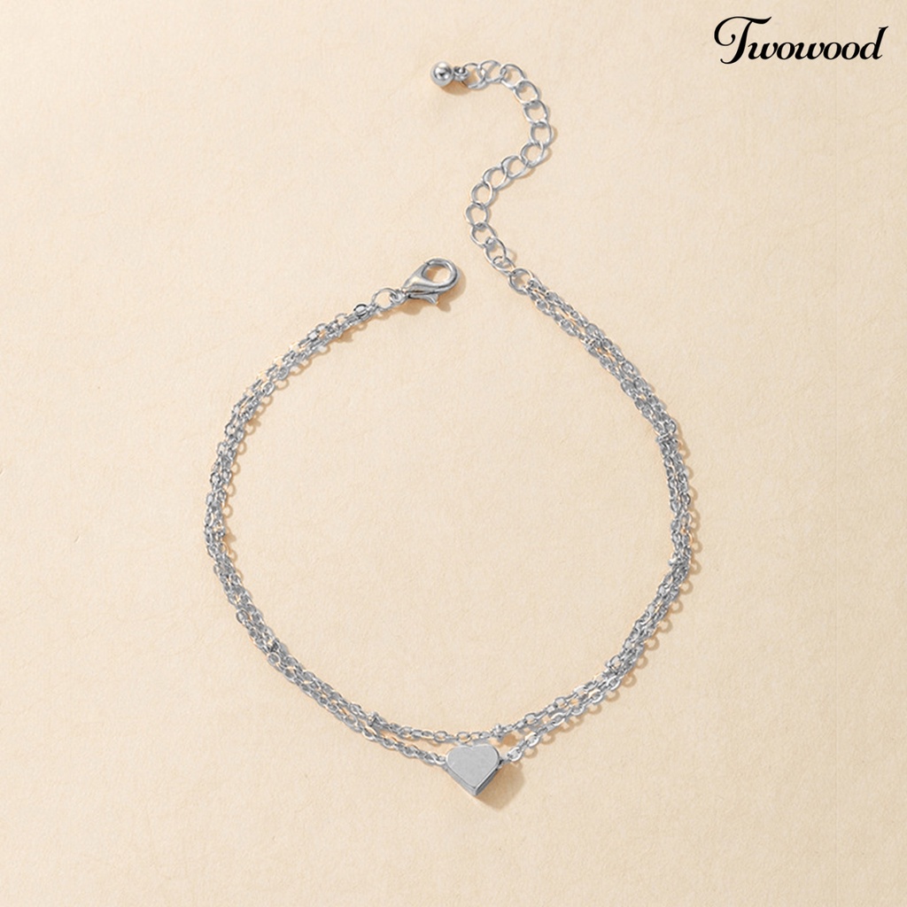 Twowood Double Layered Women Anklet Heart Pendant Alloy Adjustable Elegant Chain Anklet Foot Jewelry