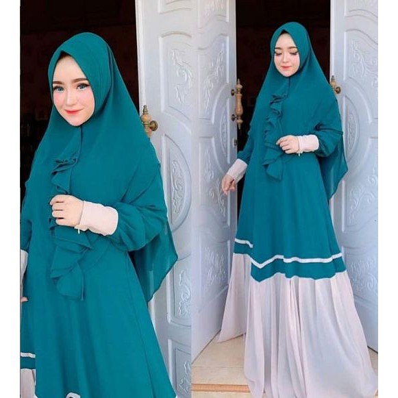 Fashion Muslimah Gamis Mulki Syari Set Khimar / Gaun Panjang Dewasa Set Krudung Modis Dan Casual
