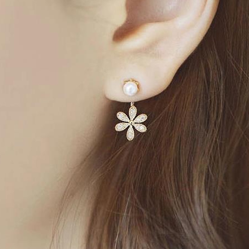 Hu Hu Hu Hu Hu Alat Bantu Pasang Kacamata♡ Anting Stud Bentuk Bunga Lima Daun Aksen Mutiara Berlian Imitasi Untuk Wanita
