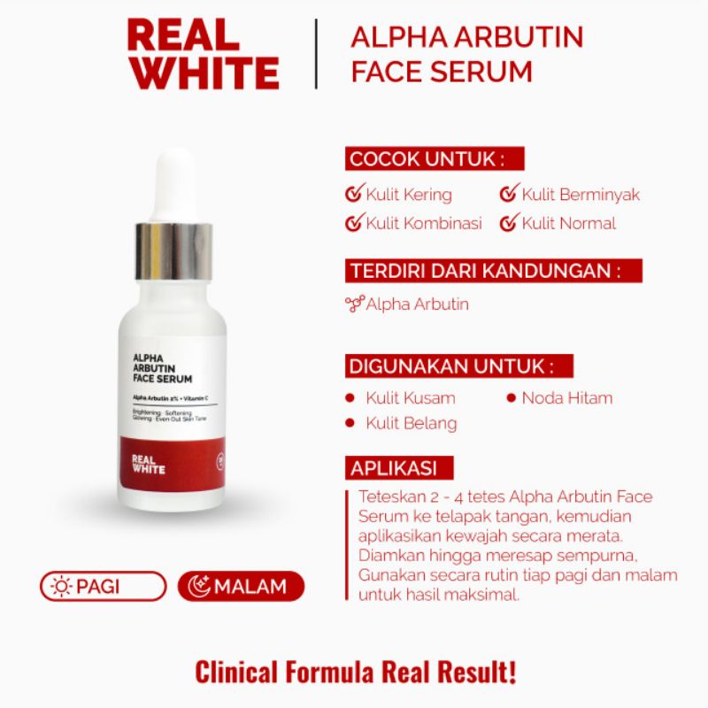 Real White 100% Original Niacinamide Brightening Face serum, Alpha Arbutin Serum Aha bha peeling toner dan serum, night cream collagen vit c day cream intensive repair eye cream toner face wash body realwhite retinol ceramide drying mini underarm