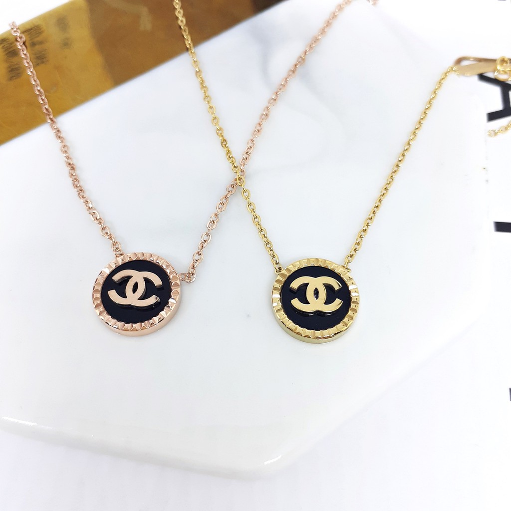 Kalung Titanium Fashion Korea Liontin Bulat Hitam Rose Gold - BN408