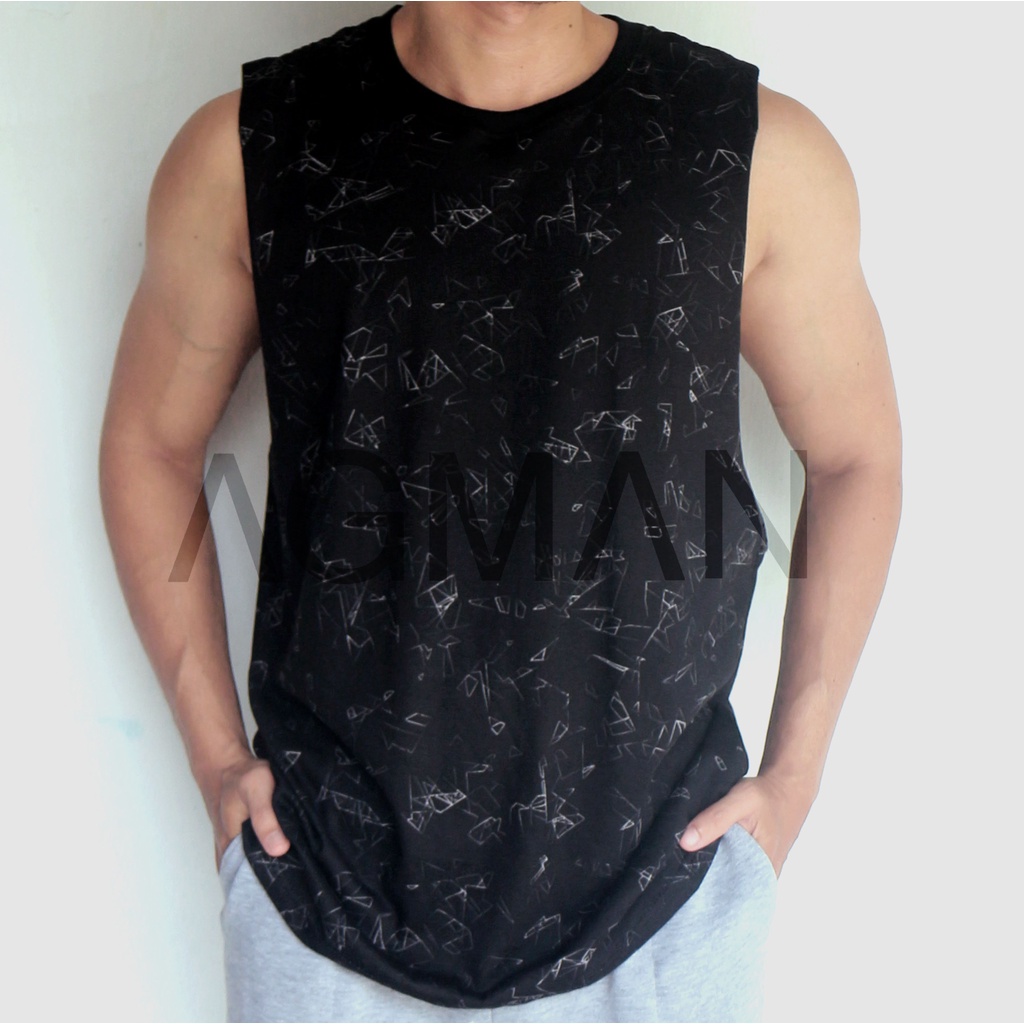 AGMAN Tank Top Low Cut Kaos Gym Fitness Pria Olahraga Motif Crash Brown Keren Terbaru