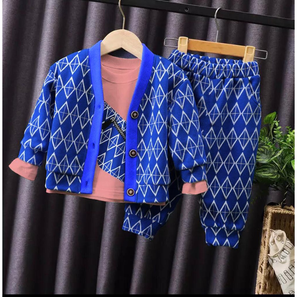 ZAHRA Setelan Anak Perempuan Blue 3 in 1 PREMIUM | Set Baju Anak Laki Laki Umur 1 - 6 Tahun
