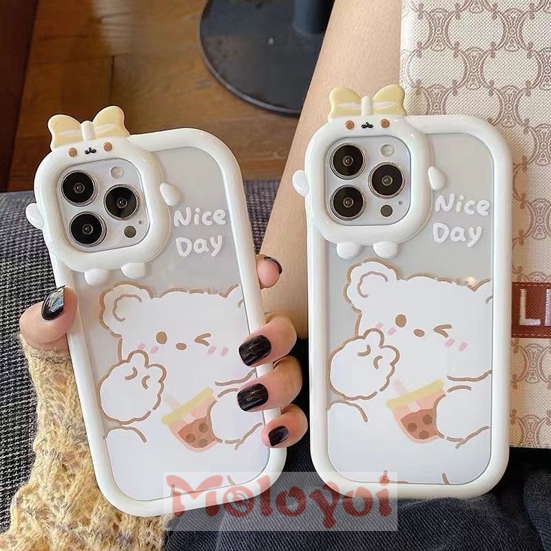 Soft Case TPU Motif Kartun Beruang Putih 3D Untuk iPhone 7 8 14 Plus 6 6S XR 14 11 13 12 Pro Max X XS Max SE 2020 14Pro Max