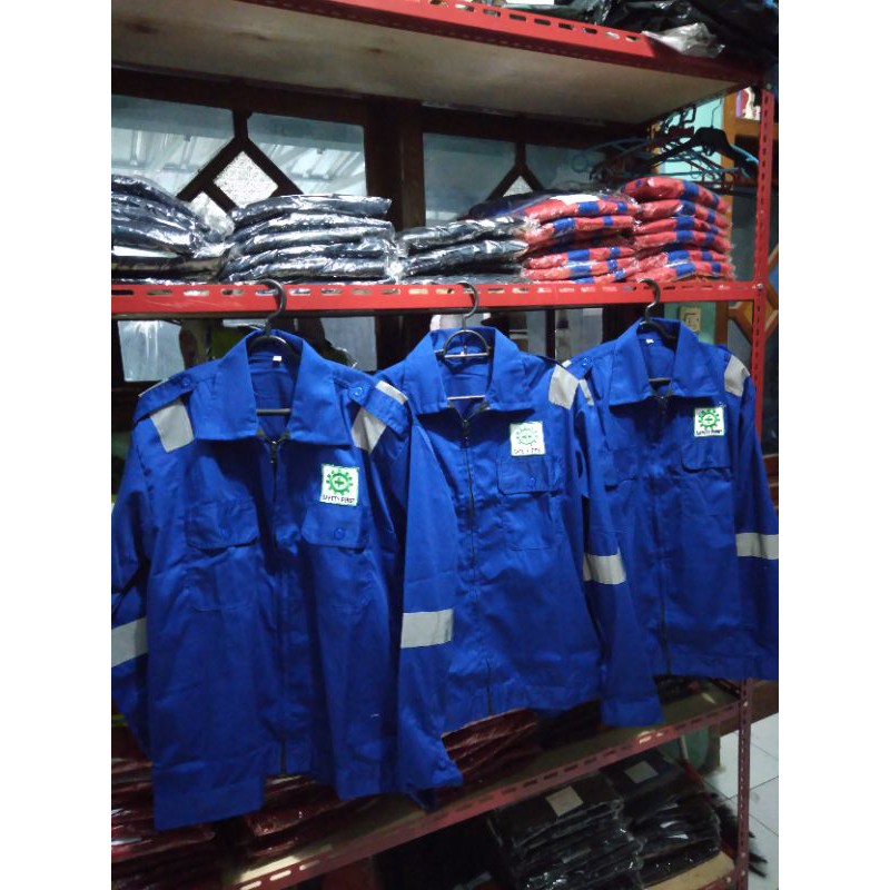 SERAGAM SAFETY BAHAN CATON TEBAL ADEM PREMIUM BIRU BENHUR RESLETING FREE LOGO K3 SCOTLIGHT 5CM