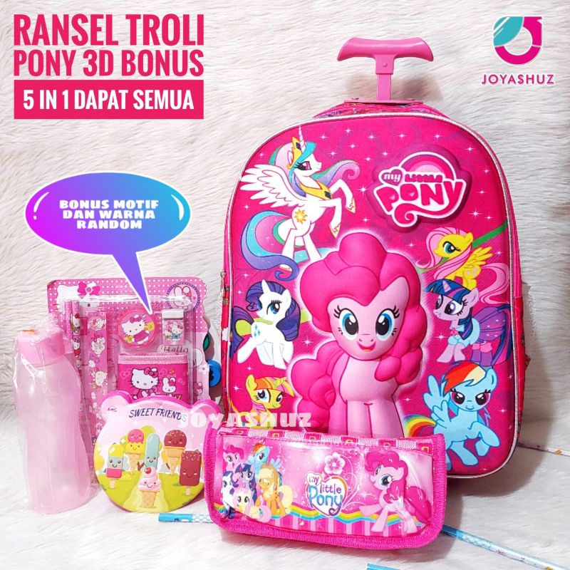 Tas Troli Anak Perempuan Karakter Pony - Tas Dorong Anak TK - Tas Anak Perempuan 3D - Joyashuz