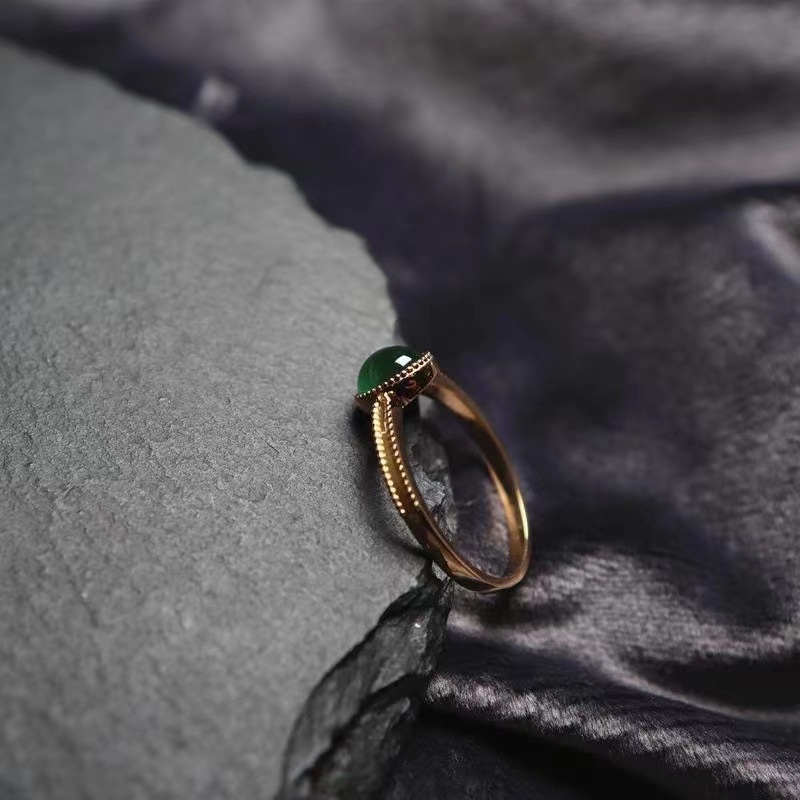 Cincin Emas 18K Dengan Batu Giok Hetian Warna Hijau Tua Untuk Wanita ACKER