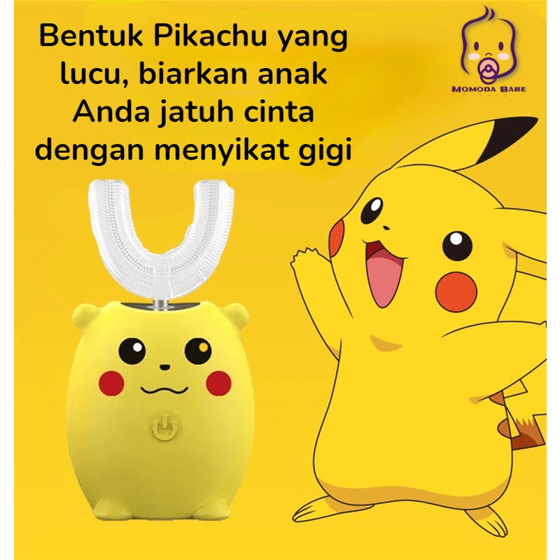 MOMO Sikat Gigi Elektrik Anak Pikachu Lucu LED UV-Lampu Antibakteri Anit Air  Baterai Isi Ulang Gratis Piala Obat Kumur