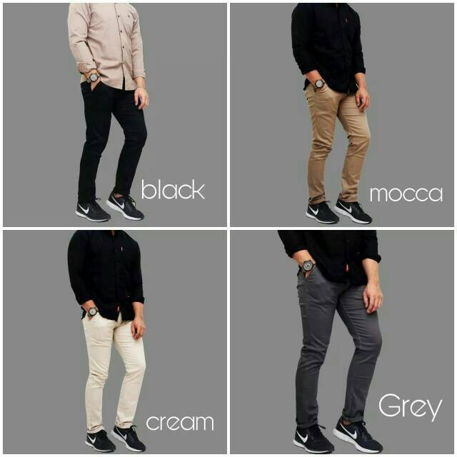 CelanaPanjang Skinny Chino Pria Formal Casual Slimfit Stylish Cream Mocca Grey Hitam