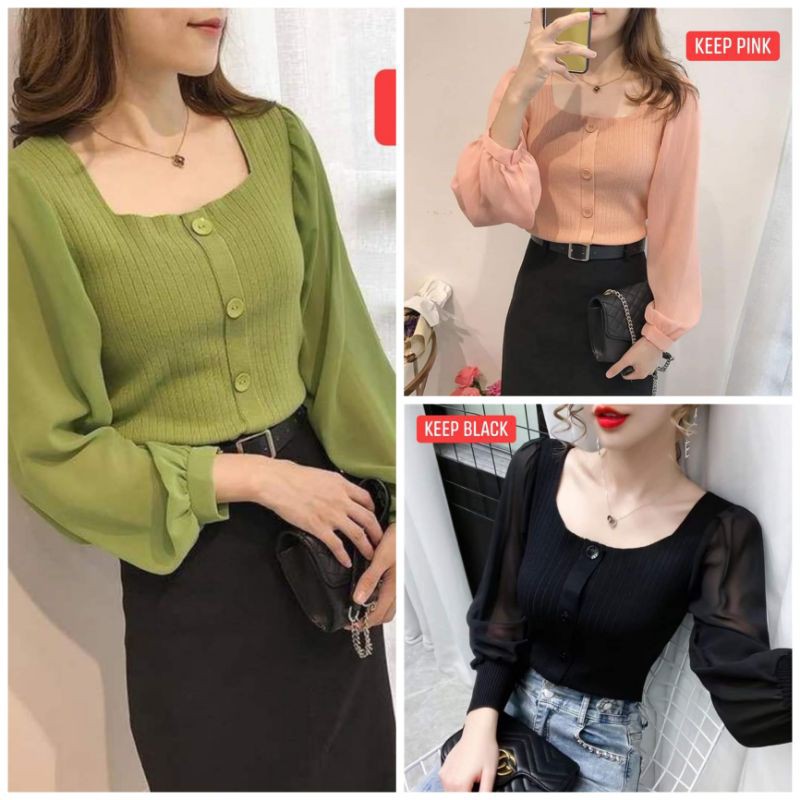 Ready Knit Top Lengan Chiffon baju atasan rajut wanita fashion murah import bkk bangkok korean style