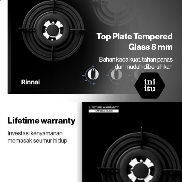 [ Rinnai ] Kompor Gas Tanam Kaca / Tempred Glass Rinnai RB-772 RO - 2 Tungku - Build in HOB