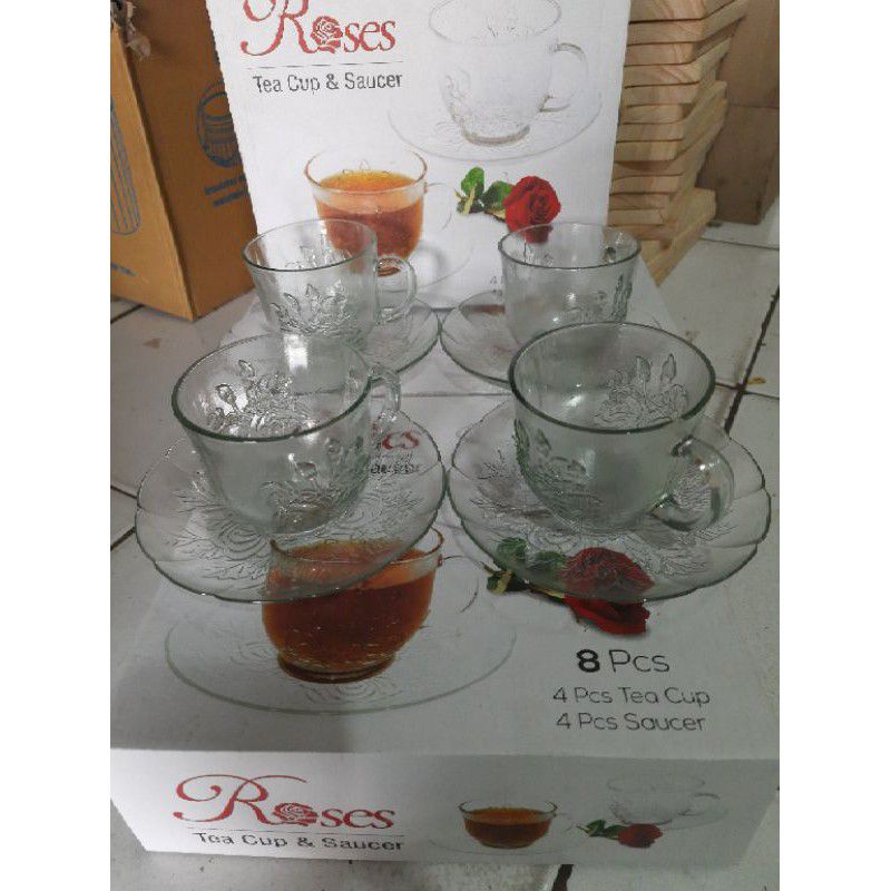 Tea cup & saucer/cangkir & tatak kaca isi 8 pcs