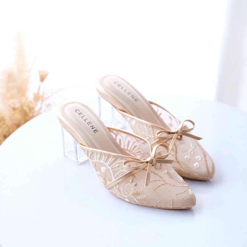 Cellene • Canbera Heels 37-42 | Wedding Shoes Brukat Heels Kaca 7cm-Gold Alure