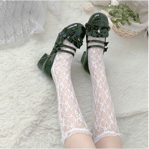 LS-04 Kaos Kaki Transparan Renda Putih Hitam Lace Cute Lolita Cosplay