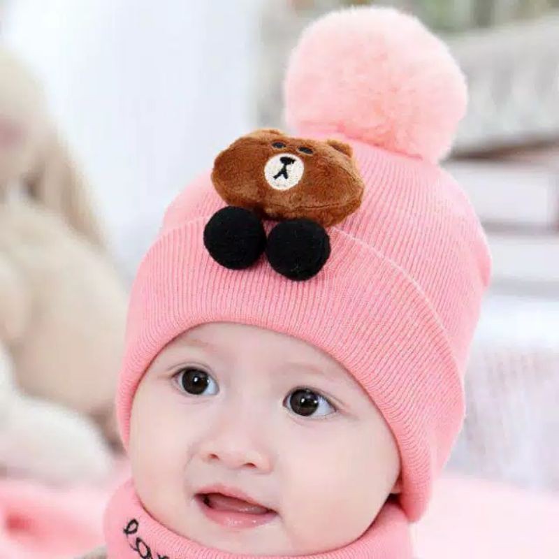 TOPI KUPLUK RAJUT BAYI TELINGA MOTIF BERUANG / BROWN. TOPI KUPLUK UNISEX KEREN. BAHAN IMPORT LEMBUT