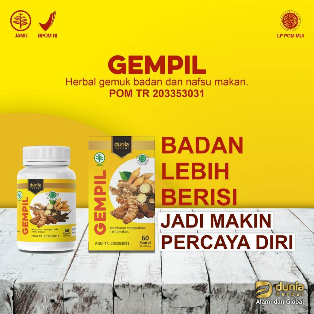 

GEMPIL Obat Herbal Jamu Gemuk Badan Penambah Nafsu makan Dewasa Penggemuk Kapsul Original Bpom - CV Dunia Herbal