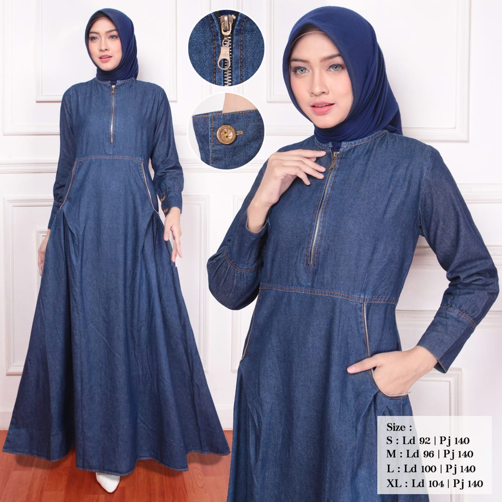 gamis zipper / gamis jeans levis /gamis bahan jeans/ gamis levis terbaru gamis levis wanita